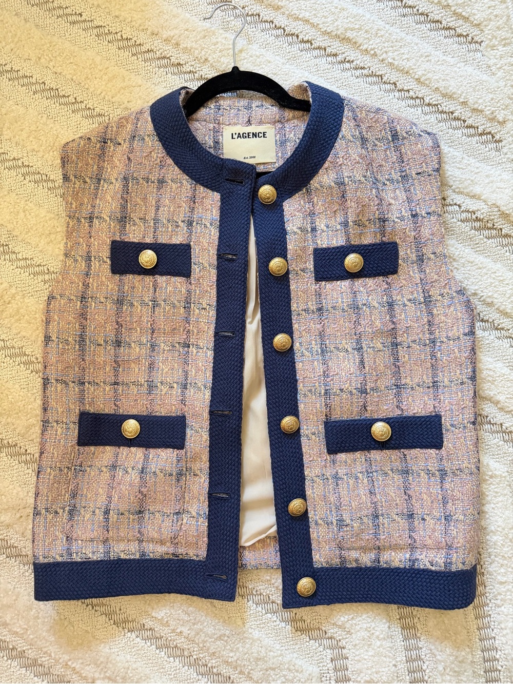 L'AGENCE Pink & Navy Tweed Oversized Vest